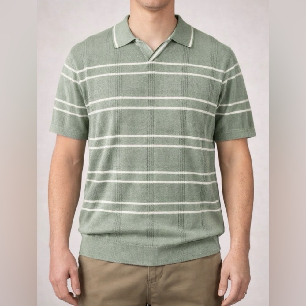 Ben Sherman Men’s Open Neck Polo Shirt Green Striped Knit Size L Textured NEW